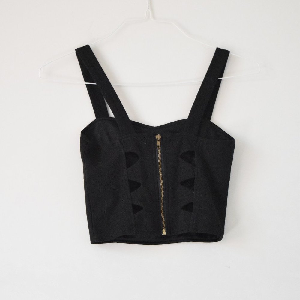 TCEC Black Triangle Cut-out Cage Back Zip Up Bustier Tank Crop Top | Size S